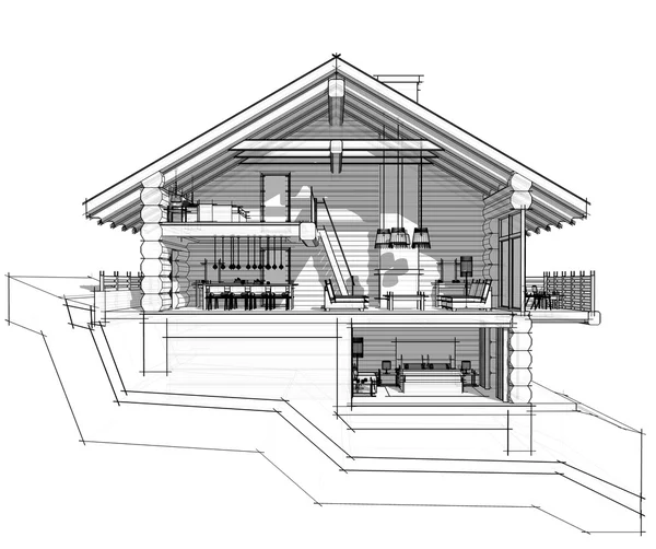 Sezione 3d di una casa di campagna. Isolato su sfondo bianco — Foto Stock