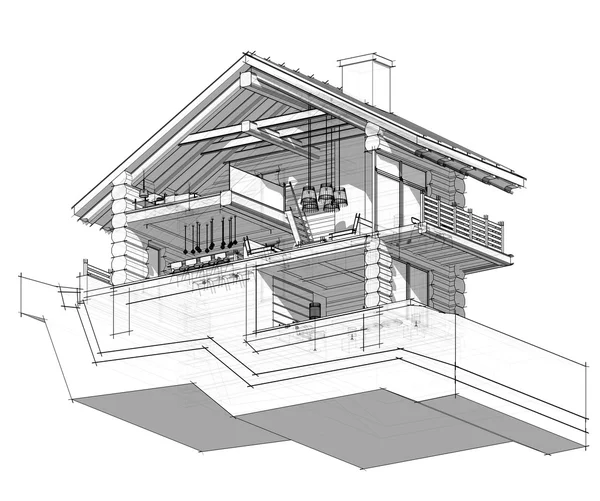 3D-gedeelte van een landhuis. Geïsoleerd op witte achtergrond — Stockfoto