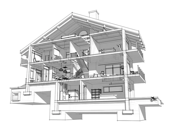 3D-Sektion eines Landhauses. isoliert auf weißem Hintergrund — Stockfoto