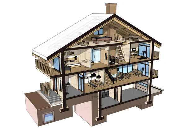 Seção 3d de uma casa de campo. Isolado sobre fundo branco — Fotografia de Stock
