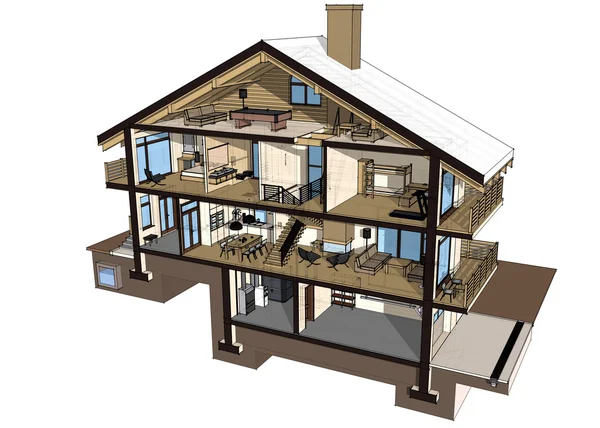 3D-Sektion eines Landhauses. isoliert auf weißem Hintergrund — Stockfoto