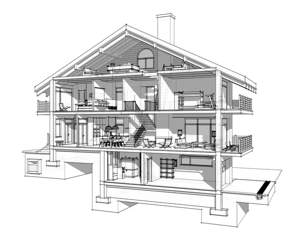 Sección 3d de una casa de campo. Aislado sobre fondo blanco — Foto de Stock