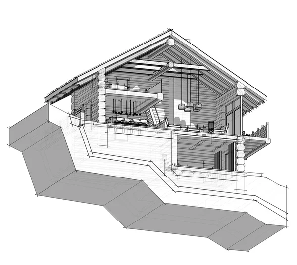 3D τμήμα ενός εξοχικού σπιτιού. Απομονωμένη σε λευκό φόντο — Φωτογραφία Αρχείου