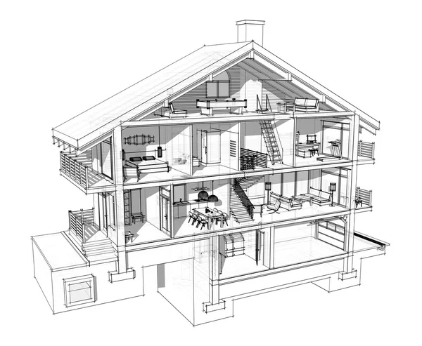 Sekcja 3D domu na wsi. Izolowane na białym tle — Zdjęcie stockowe