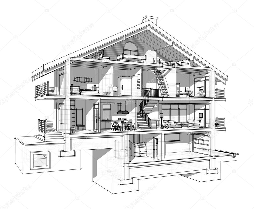 3d section of a country house. Isolated on white background