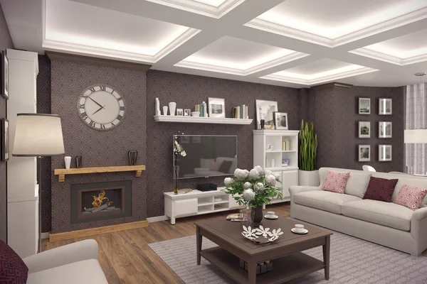 Renderização 3D da sala de estar de um apartamento clássico — Fotografia de Stock