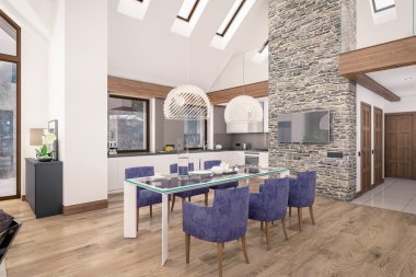 oturma odası dağ evi, 3D render
