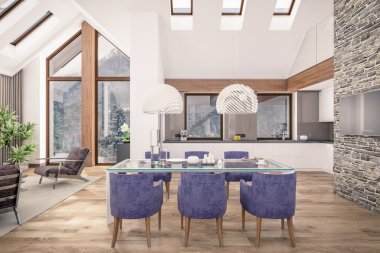 oturma odası dağ evi, 3D render