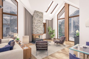 oturma odası dağ evi, 3D render