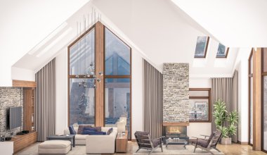 oturma odası dağ evi, 3D render