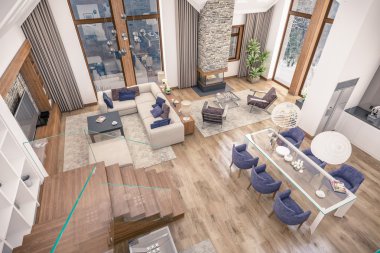 oturma odası dağ evi, 3D render