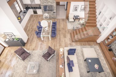 oturma odası dağ evi, 3D render