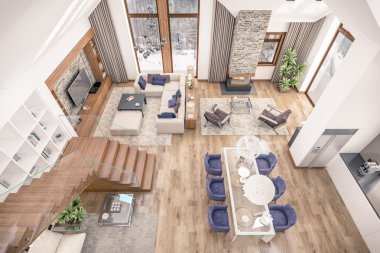 oturma odası dağ evi, 3D render