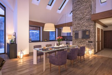 Akşam oturma odası dağ evi, 3D render