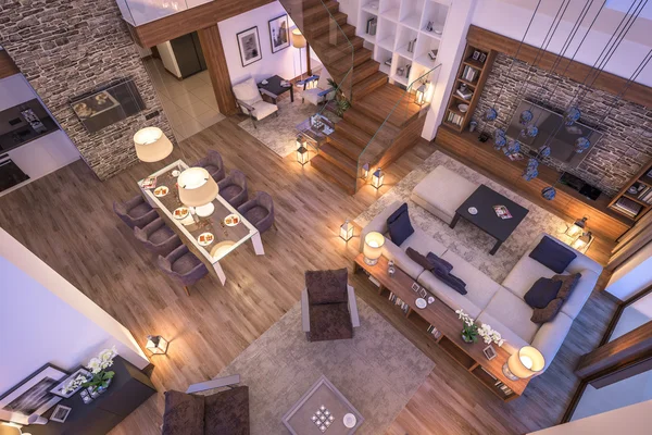 3D rendering of evening living room of chalet