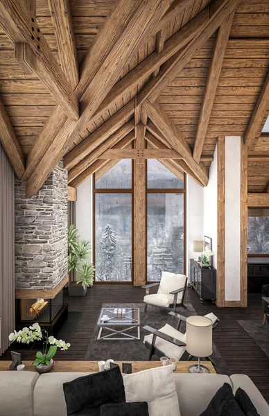 Rendering 3D del soggiorno di chalet — Foto Stock