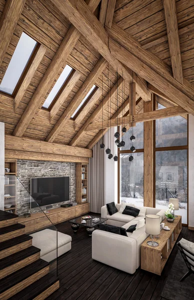 3D rendering of  living room of chalet — Stock Photo, Image