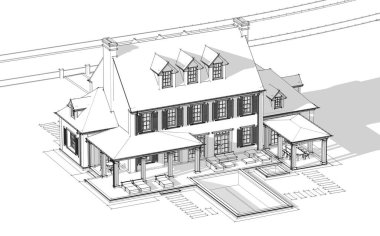 Arka planda güzel peyzajlı, garajı ve havuzu satılık ya da kirası olan koloni tarzında modern konforlu klasik evin 3D görüntüsü. Beyaz zemin üzerinde yumuşak ışık gölgeleri olan siyah çizgi çizimi.