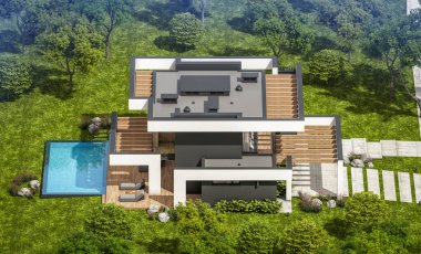 Havuzu ve satılık park yeri olan, lüks tarzda kiralanan ve arka planda güzel manzaralı modern konforlu bir ev. Açık mavi gökyüzü ile güneşli yaz günü.