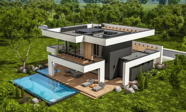 Rendering Von Modernen Gemütlichen Haus Mit Pool Und Parkplatz Zum — Stockfoto