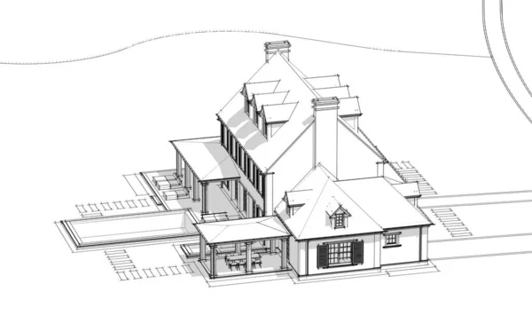 Renderowania Nowoczesnego Przytulnego Klasycznego Domu Stylu Kolonialnym Garażem Basenem Sprzedaż — Zdjęcie stockowe