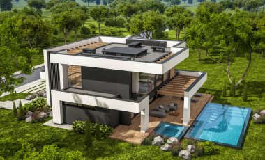 Havuzu ve satılık park yeri olan, lüks tarzda kiralanan ve arka planda güzel manzaralı modern konforlu bir ev. Açık mavi gökyüzü ile güneşli yaz günü.