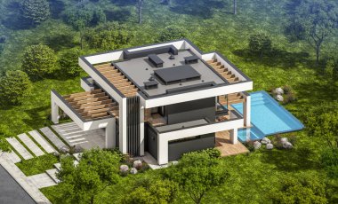 Havuzu ve satılık park yeri olan, lüks tarzda kiralanan ve arka planda güzel manzaralı modern konforlu bir ev. Açık mavi gökyüzü ile güneşli yaz günü.