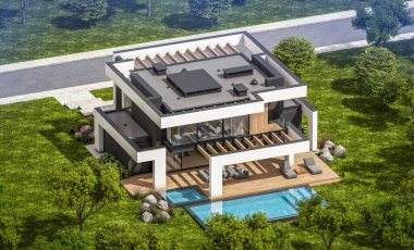 Havuzu ve satılık park yeri olan, lüks tarzda kiralanan ve arka planda güzel manzaralı modern konforlu bir ev. Açık mavi gökyüzü ile güneşli yaz günü.