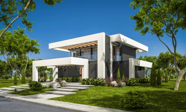 Rendering Von Modernen Gemütlichen Haus Mit Pool Und Parkplatz Zum — Stockfoto