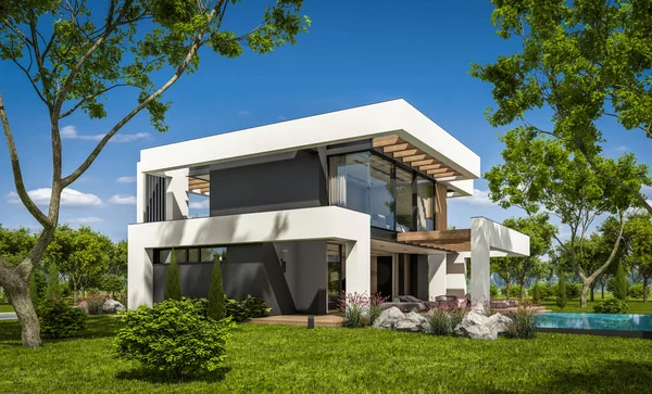 Rendering Von Modernen Gemütlichen Haus Mit Pool Und Parkplatz Zum — Stockfoto