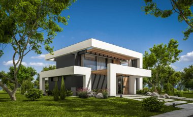 Havuzu ve satılık park yeri olan, lüks tarzda kiralanan ve arka planda güzel manzaralı modern konforlu bir ev. Açık mavi gökyüzü ile güneşli yaz günü.