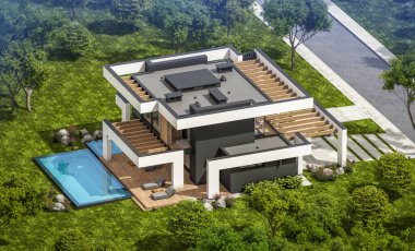 Havuzu ve satılık park yeri olan, lüks tarzda kiralanan ve arka planda güzel manzaralı modern konforlu bir ev. Açık mavi gökyüzü ile güneşli yaz günü.