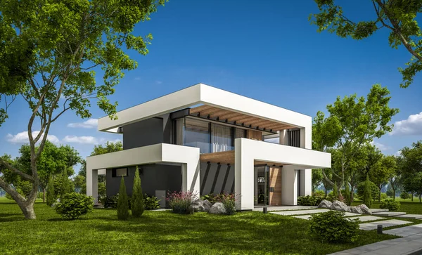 Havuzu ve satılık park yeri olan, lüks tarzda kiralanan ve arka planda güzel manzaralı modern konforlu bir ev. Açık mavi gökyüzü ile güneşli yaz günü.