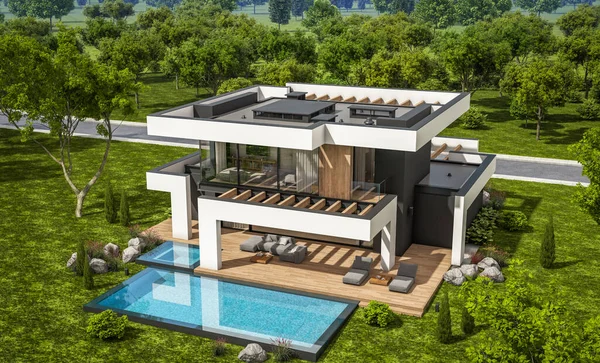 Rendering Von Modernen Gemütlichen Haus Mit Pool Und Parkplatz Zum — Stockfoto