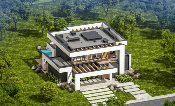 Rendering Von Modernen Gemütlichen Haus Mit Pool Und Parkplatz Zum — Stockfoto