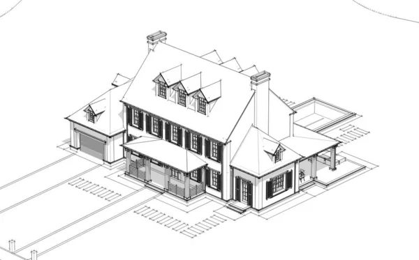 ガレージや販売のためのプールや背景に美しい造園と賃貸と植民地スタイルの現代的な居心地の良い古典的な家の3Dレンダリング 白地に柔らかい光の影の黒い線のスケッチ — ストック写真
