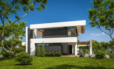 Havuzu ve satılık park yeri olan, lüks tarzda kiralanan ve arka planda güzel manzaralı modern konforlu bir ev. Açık mavi gökyüzü ile güneşli yaz günü.