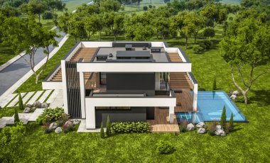 Havuzu ve satılık park yeri olan, lüks tarzda kiralanan ve arka planda güzel manzaralı modern konforlu bir ev. Açık mavi gökyüzü ile güneşli yaz günü.