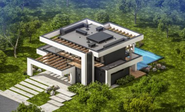 Havuzu ve satılık park yeri olan, lüks tarzda kiralanan ve arka planda güzel manzaralı modern konforlu bir ev. Açık mavi gökyüzü ile güneşli yaz günü.