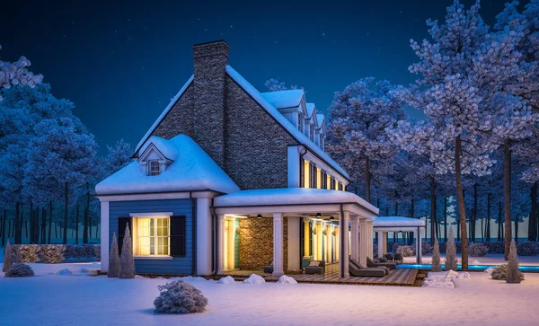 아름다운 조경을 배경으로 차고와 수영장이 식민지 시대의 고전가옥 렌더링 겨울밤 — 스톡 사진