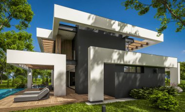 Havuzu ve satılık park yeri olan, lüks tarzda kiralanan ve arka planda güzel manzaralı modern konforlu bir ev. Açık mavi gökyüzü ile güneşli yaz günü.