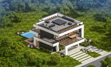 Havuzu ve satılık park yeri olan, lüks tarzda kiralanan ve arka planda güzel manzaralı modern konforlu bir ev. Açık mavi gökyüzü ile güneşli yaz günü.