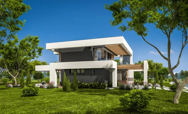 Havuzu ve satılık park yeri olan, lüks tarzda kiralanan ve arka planda güzel manzaralı modern konforlu bir ev. Açık mavi gökyüzü ile güneşli yaz günü.