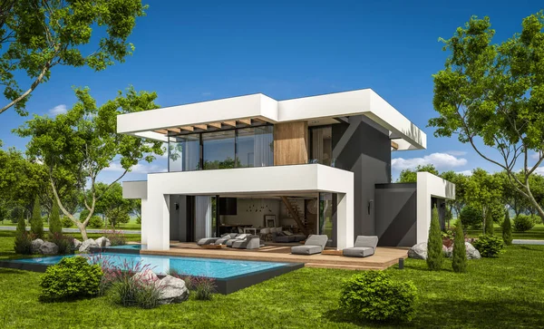 Rendering Von Modernen Gemütlichen Haus Mit Pool Und Parkplatz Zum — Stockfoto