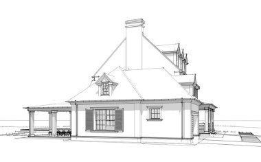 Arka planda güzel peyzajlı, garajı ve havuzu satılık ya da kirası olan koloni tarzında modern konforlu klasik evin 3D görüntüsü. Beyaz zemin üzerinde yumuşak ışık gölgeleri olan siyah çizgi çizimi.