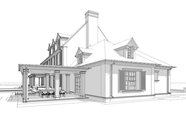 ガレージや販売のためのプールや背景に美しい造園と賃貸と植民地スタイルの現代的な居心地の良い古典的な家の3Dレンダリング 白地に柔らかい光の影の黒い線のスケッチ — ストック写真