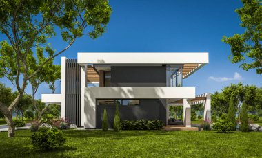 Havuzu ve satılık park yeri olan, lüks tarzda kiralanan ve arka planda güzel manzaralı modern konforlu bir ev. Açık mavi gökyüzü ile güneşli yaz günü.