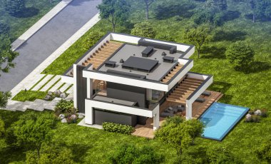 Havuzu ve satılık park yeri olan, lüks tarzda kiralanan ve arka planda güzel manzaralı modern konforlu bir ev. Açık mavi gökyüzü ile güneşli yaz günü.