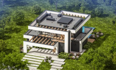 Havuzu ve satılık park yeri olan, lüks tarzda kiralanan ve arka planda güzel manzaralı modern konforlu bir ev. Açık mavi gökyüzü ile güneşli yaz günü.