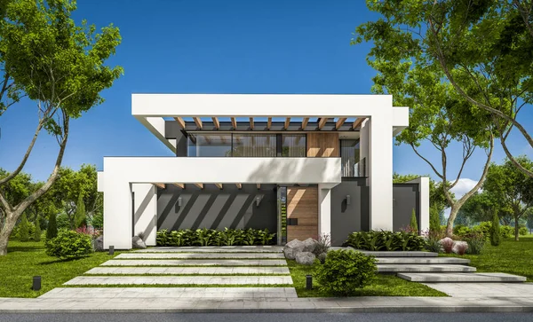 Havuzu ve satılık park yeri olan, lüks tarzda kiralanan ve arka planda güzel manzaralı modern konforlu bir ev. Açık mavi gökyüzü ile güneşli yaz günü.